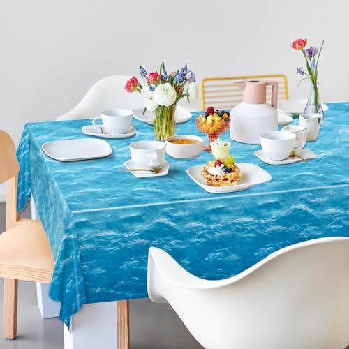 3 Piece Ocean Waves Tablecloth 54x108 Inch Water Print Plastic Table Cover for Beach Pool Party Decor