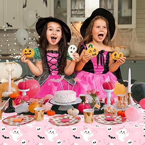 3PCS Halloween Tablecloth Pink Skulls Spider Web Ghost Bat Water-Resistant