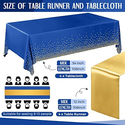 Breling 8 Pack Navy Blue Gold Tablecloths and Satin Runner Set