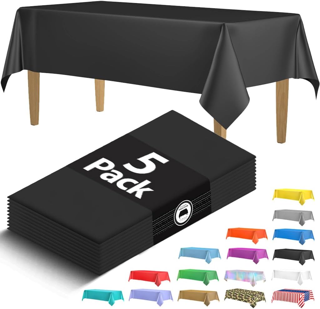 5 Pack Premium Black Plastic Tablecloth 108x54in