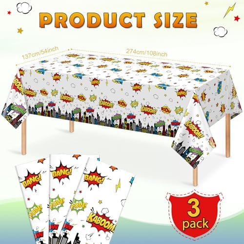 3Pcs Hero Themed Birthday Tablecloths 54x108 Inch Disposable Plastic Table Covers for Kids Party Decorations