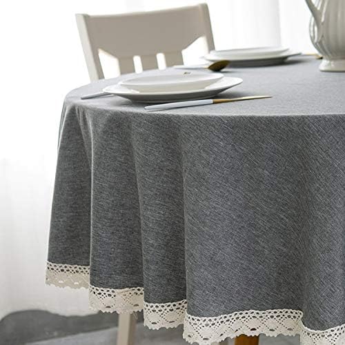EHouseHome Faux Linen Tablecloth with Lace Trim - 70 Inch Grey Waterproof Spill Proof