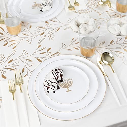 EcoQuality Hanukkah Tablecloth - White and Gold Rectangle Plastic 54 x 108 inch for Holiday Party Decorations