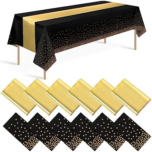 12 Pack Black and Gold Tablecloth and Runner Party Set