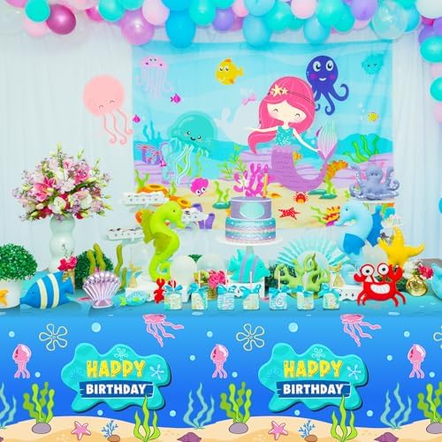 3 Pcs Blue Ocean Birthday Tablecloth Decorations for Rectangle Tables