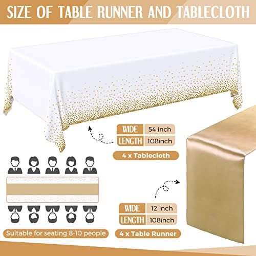 Breling 8 Pack White Gold Tablecloths and Satin Runner Set