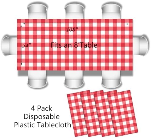 4 Pack Red Gingham Tablecloth 54x108 Inches Checkered Disposable Plastic Tablecovers for Parties Events