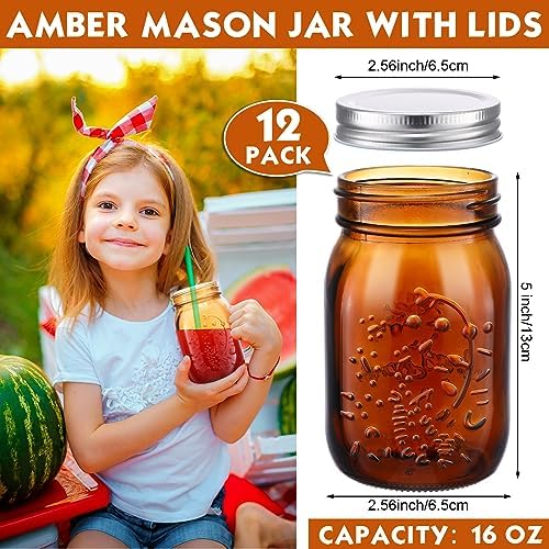 Yaomiao 12 Pack Amber Glass Jars 16 oz with Airtight Lids