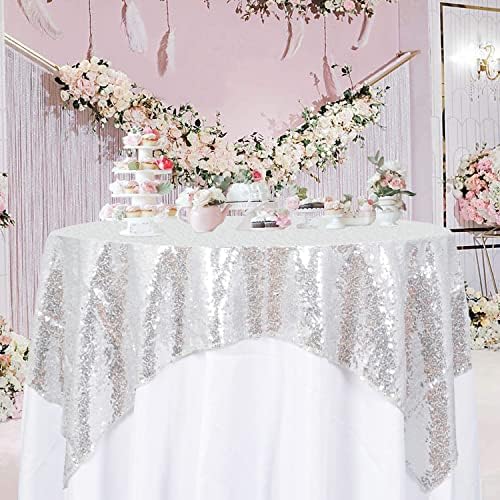 ShinyBeauty Silver Sequin Tablecloth 72x72 Inch Square