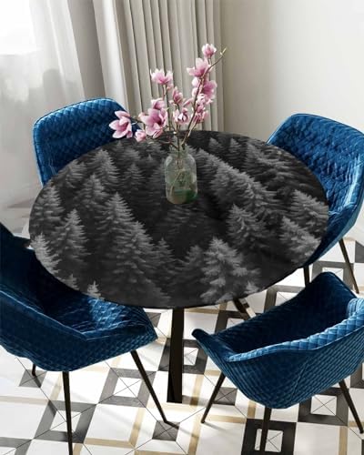 Foggy Forest Round Waterproof Table Cover - Grey Trees Minimalist Design