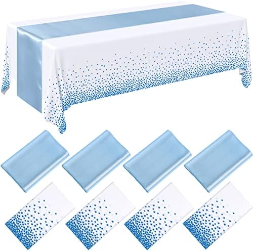 Breling 8 Pack Winter Baby Blue and White Tablecloths and Satin Table Runners Set