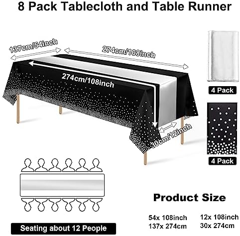 8Pack Black Silver Dot Tablecloths and Satin Runner Set for Events