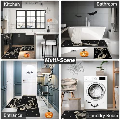 ArtSocket Halloween Skeleton Kitchen Rugs Set of 2 Non-Skid Washable