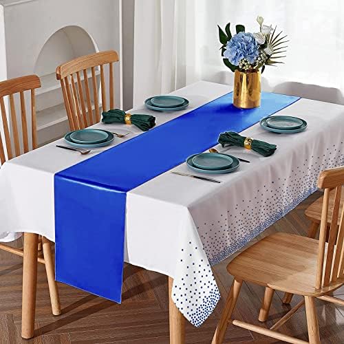 8Pack Disposable Plastic Tablecloths and Satin Table Runner with White and Royal Blue Dots for Occasions