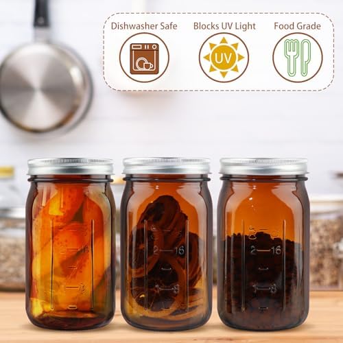 CARBLIN 4 Pack 32 Oz Amber Canning Jars with Airtight Lids