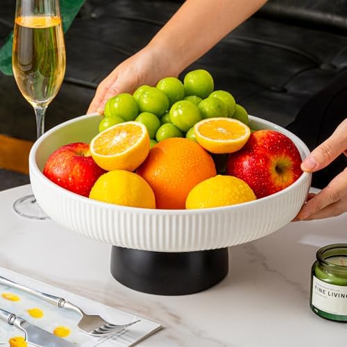 Ceramic Fruit Bowl 11-Inch White Tray with Black Base