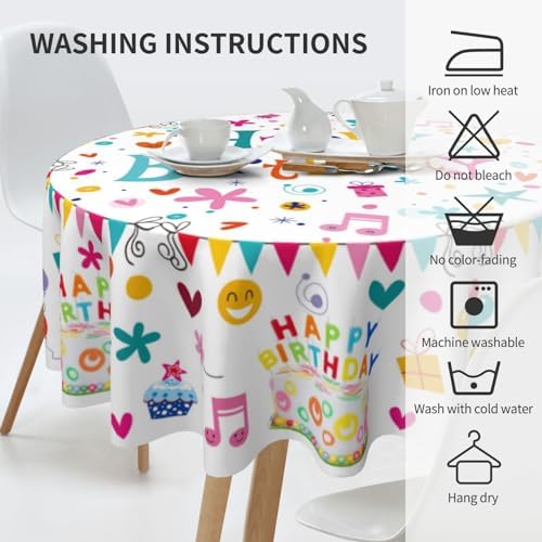 Happy Birthday Round Tablecloth 60 Inch Colorful Cake Balloons Cover