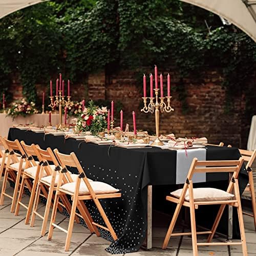 8Pack Black Silver Dot Tablecloths and Satin Runner Set for Events