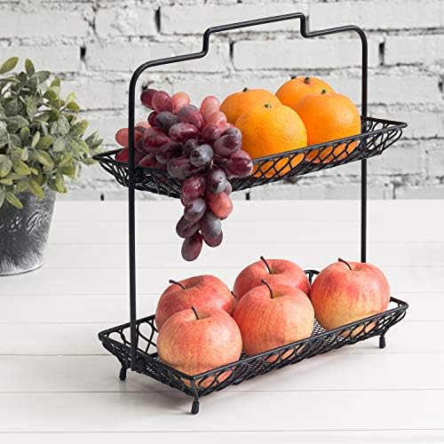 MyGift 2 Tier Vintage Style Matte Black Fruit Basket with Handle