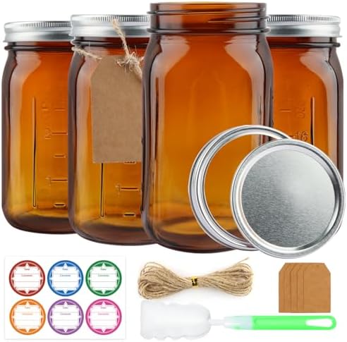 CARBLIN 4 Pack 32 Oz Amber Canning Jars with Airtight Lids