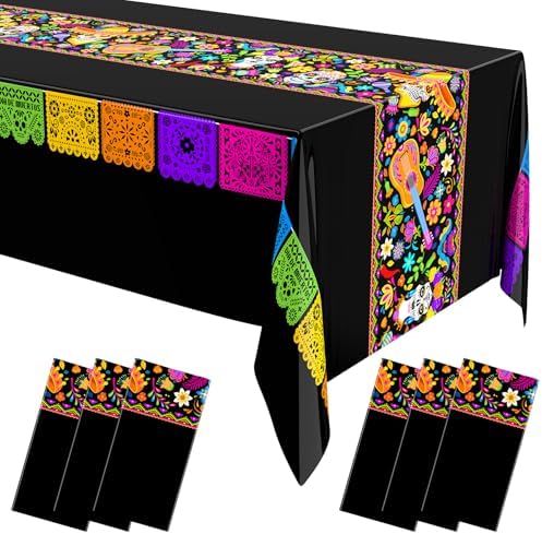 Oudain 6 Pcs Fiesta Tablecloth 108 x 54 Inch Waterproof Plastic Table Cover for Mexican Festive Events