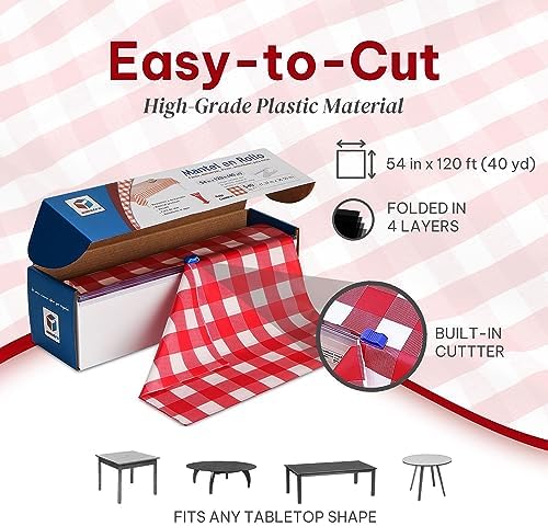 Amatra All-Purpose Plastic Table Cover Roll with Self-Cutter Red Checkered 54inch x 120ft