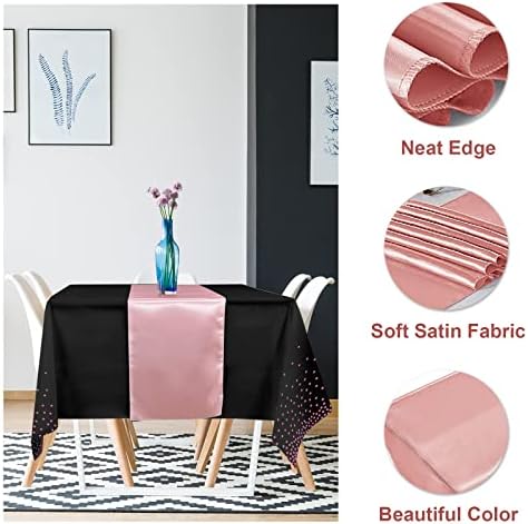 8 Pack Disposable Plastic Tablecloths and Satin Table Runner Set Black Rose Gold Dot Wedding Party Decor