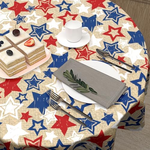 American Blue and Red Star Round Tablecloth 60 Inch Patriotic Table Cover for 4th of July Celebrations