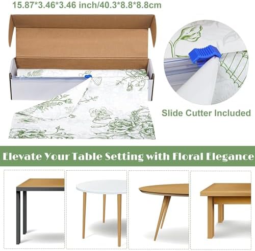 100 Ft Floral Plastic Tablecloth Roll with Cutter Box for Wedding Decor