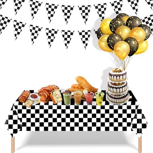 Kesfey 3 Pack Race Car Tablecloths 54x108 Inch Checkered Flag Party Decor