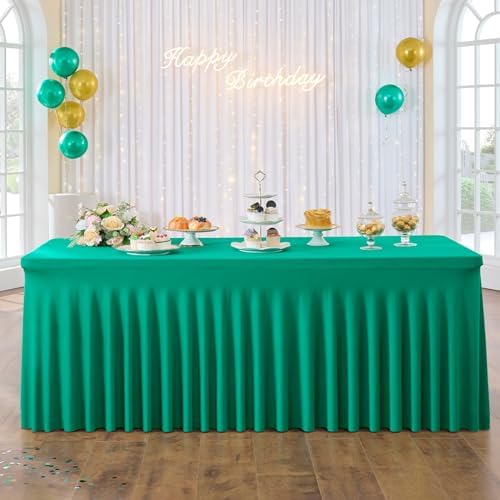 4 Pack Emerald Green Spandex Tablecloths for 6 Foot Tables