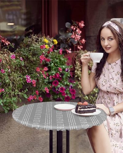 Grey Geometric Round Waterproof Table Cover 55-60 Inch Elastic Tablecloth for Indoor Outdoor Use