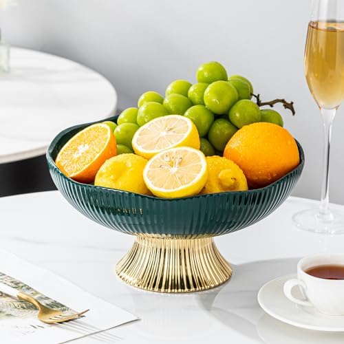 Ceramic Fruit Bowl with Golden Feet 10 Inch Pedestal Design