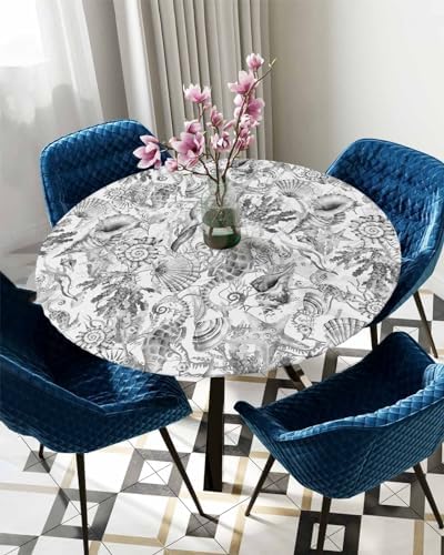 Coastal Grey Round Waterproof Table Cover Fitted Tablecloth