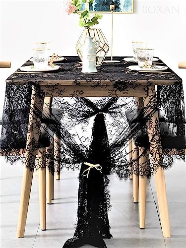 BOXAN Vintage Rose Embroidered Black Lace Tablecloth Overlay - 120 x 60 Rectangular