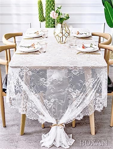 BOXAN 60x120 Inch White Lace Tablecloth Overlay