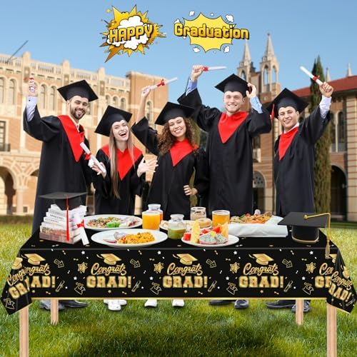 2 Pack Graduation Tablecloths - Black Gold Class of 2025 Decorations