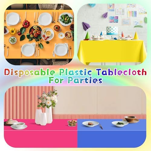 6Pcs Neon Plastic Table Cloths Set Rainbow 54x72 Inch Disposable Table Covers