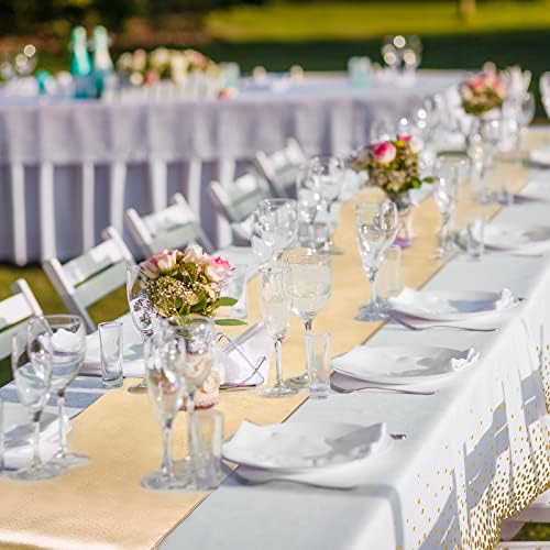 Breling 8 Pack White Gold Tablecloths and Satin Runner Set
