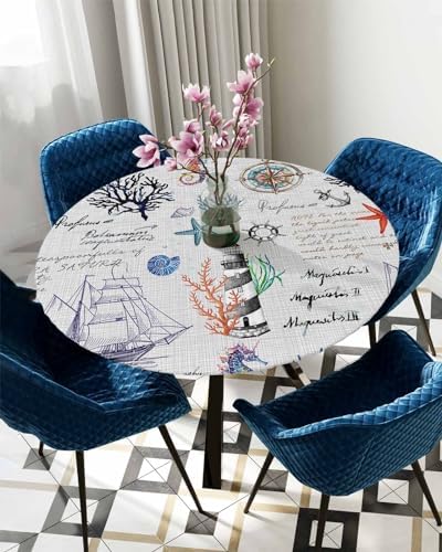 Nautical Compass Round Waterproof Table Cover with Elastic Fit