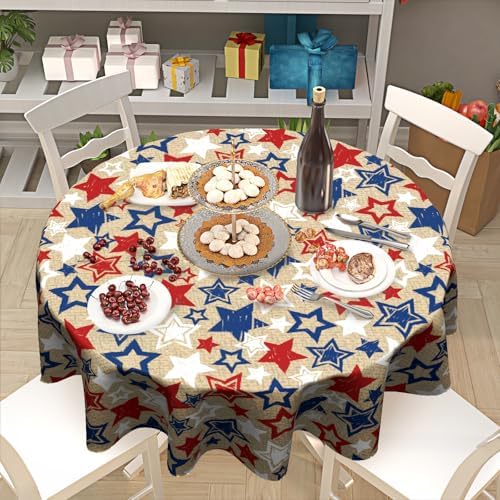 American Blue and Red Star Round Tablecloth 60 Inch Patriotic Table Cover for 4th of July Celebrations