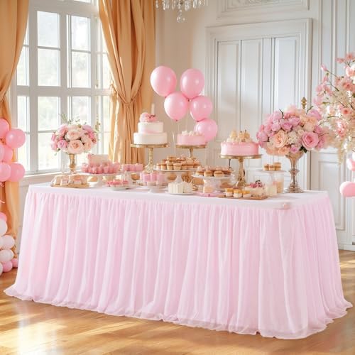 1 Pack Pink Table Cloth for Rectangle Tables 6FT Tulle Table Skirt Stretch Fitted Table Cover