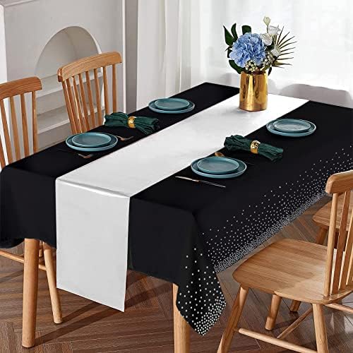 8Pack Black Silver Dot Tablecloths and Satin Runner Set for Events