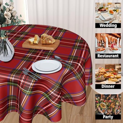 60 Inch Red Christmas Round Tablecloth with Buffalo Plaid Design