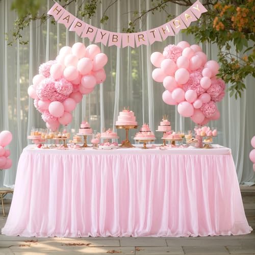 1 Pack Pink Table Cloth for Rectangle Tables 6FT Tulle Table Skirt Stretch Fitted Table Cover