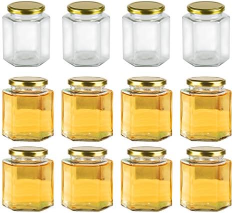 Encheng 16 oz Clear Hexagon Jars with Golden Lids 12 Pack