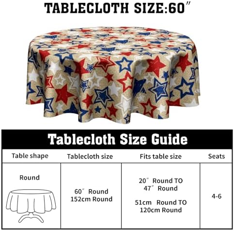 American Blue and Red Star Round Tablecloth 60 Inch Patriotic Table Cover for 4th of July Celebrations