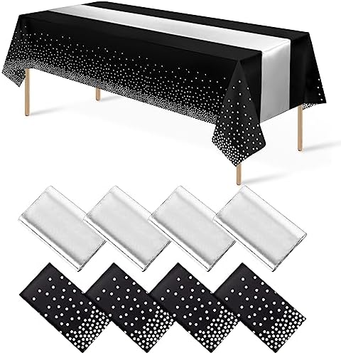 8Pack Black Silver Dot Tablecloths and Satin Runner Set for Events