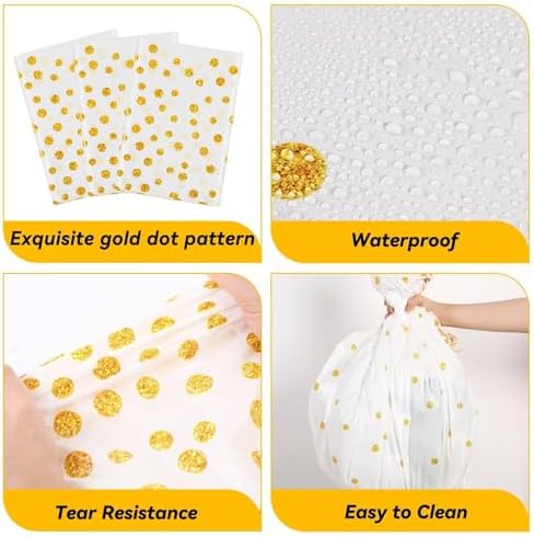 Newwiee 84 Inch Round Dot Tablecloth 3 Pcs White Gold Dots