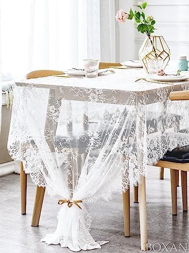 BOXAN 60x120 Inch White Lace Tablecloth Overlay